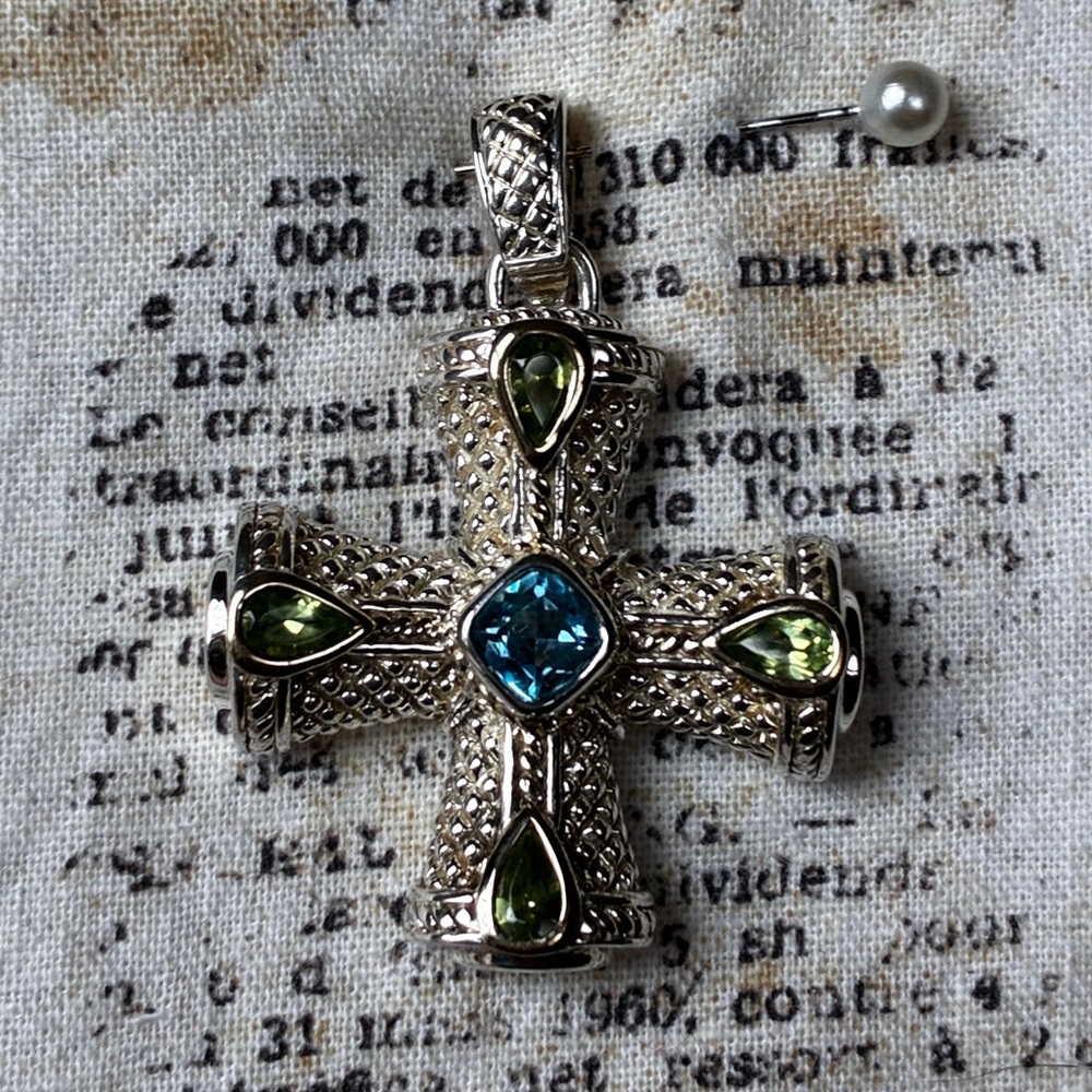Judith Ripka Sterling Silver Cross Enhancer Aquamarine & Peridot Gemstones - Picture 6 of 14